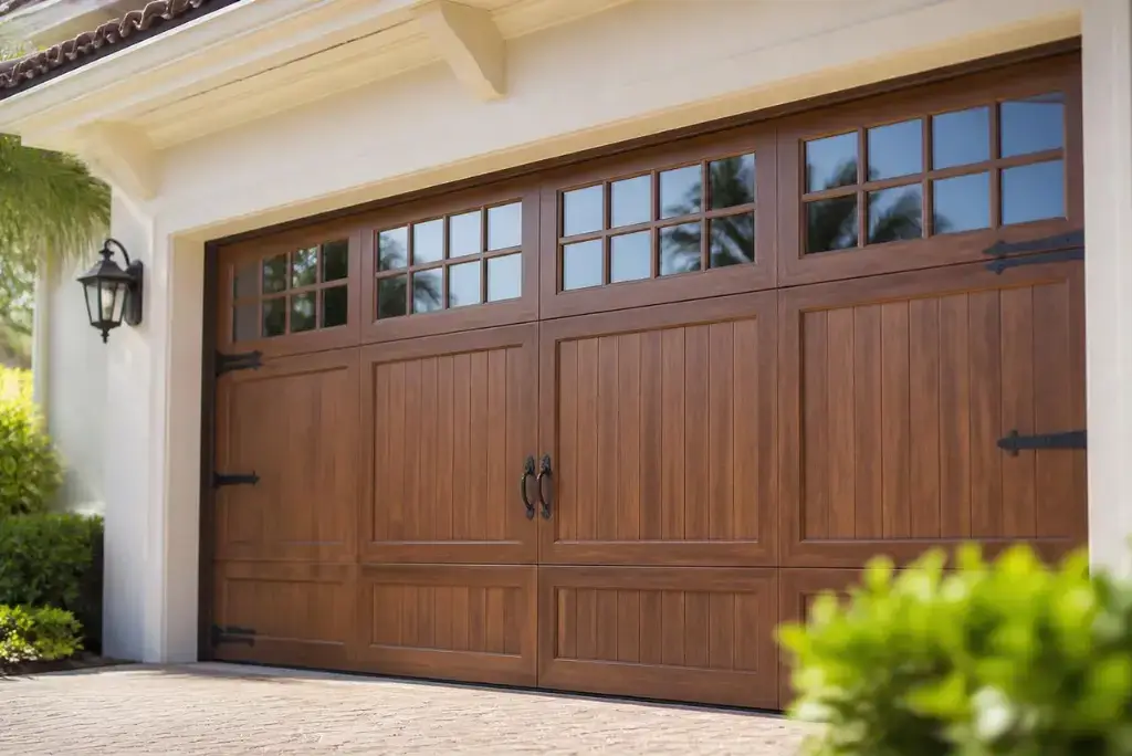 Carriage-style garage door with wood grain finish installed on a home in Bradenton, FL