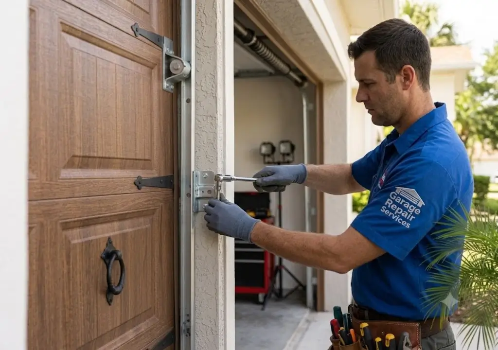 Garage door installation technician securing a track bracket on a newly installed door in Bradenton, FL