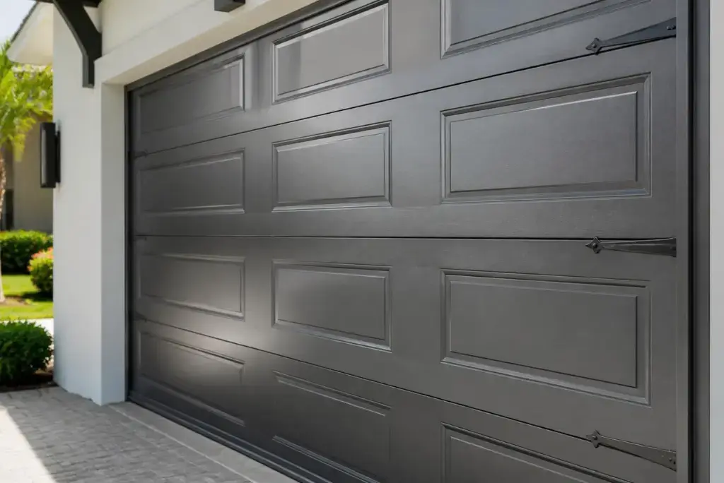 Modern steel garage door installed on a home in Bradenton, FL