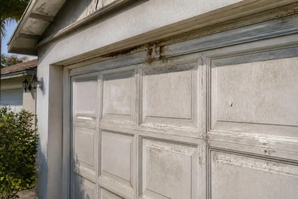 Old garage door showing rust and wear on the track and hardware from Bradenton's heat and salt air