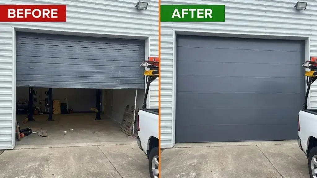 Damaged commercial roll-up door replaced with a new garage door in Bradenton, FL