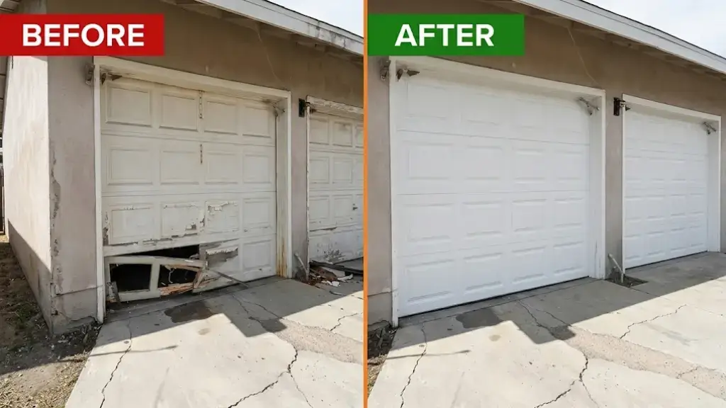 Broken wood garage doors replaced with new white steel doors in Bradenton, FL
