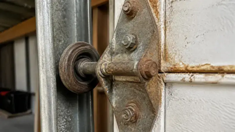 Corroded garage door roller and hinge from salt air exposure