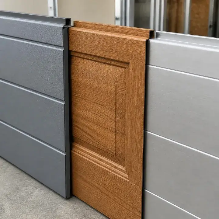 Steel, wood, and aluminum garage door panel material samples