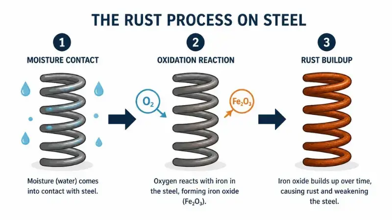 Infographic showing how humidity causes garage door spring rust