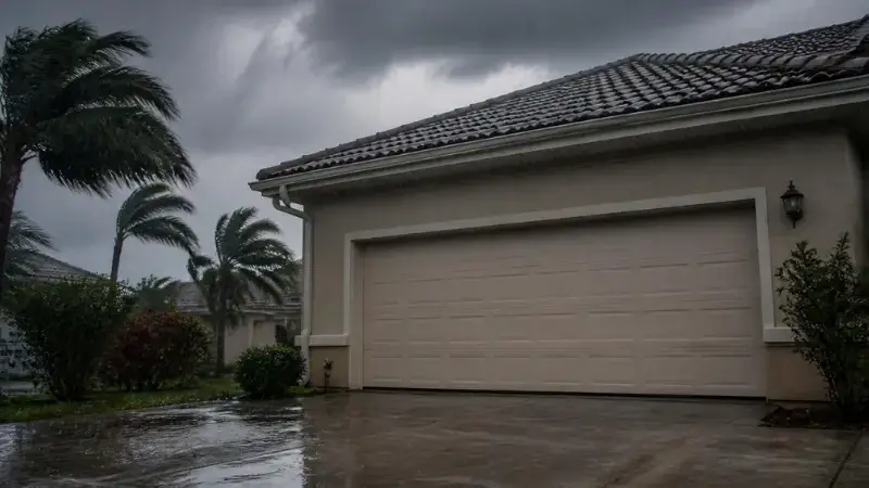 Garage door during hurricane storm in Bradenton FL