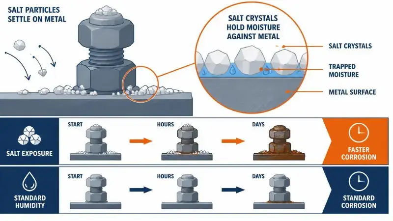 Infographic showing how salt air corrodes garage door hardware faster than humidity