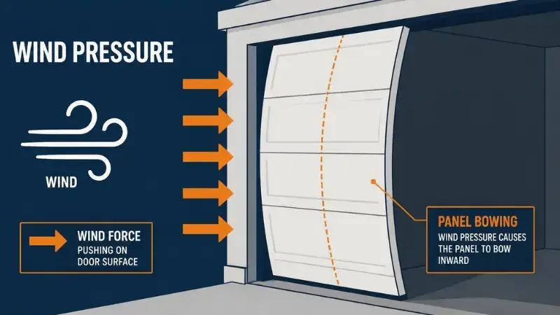 Infographic showing how wind pressure affects garage door panels