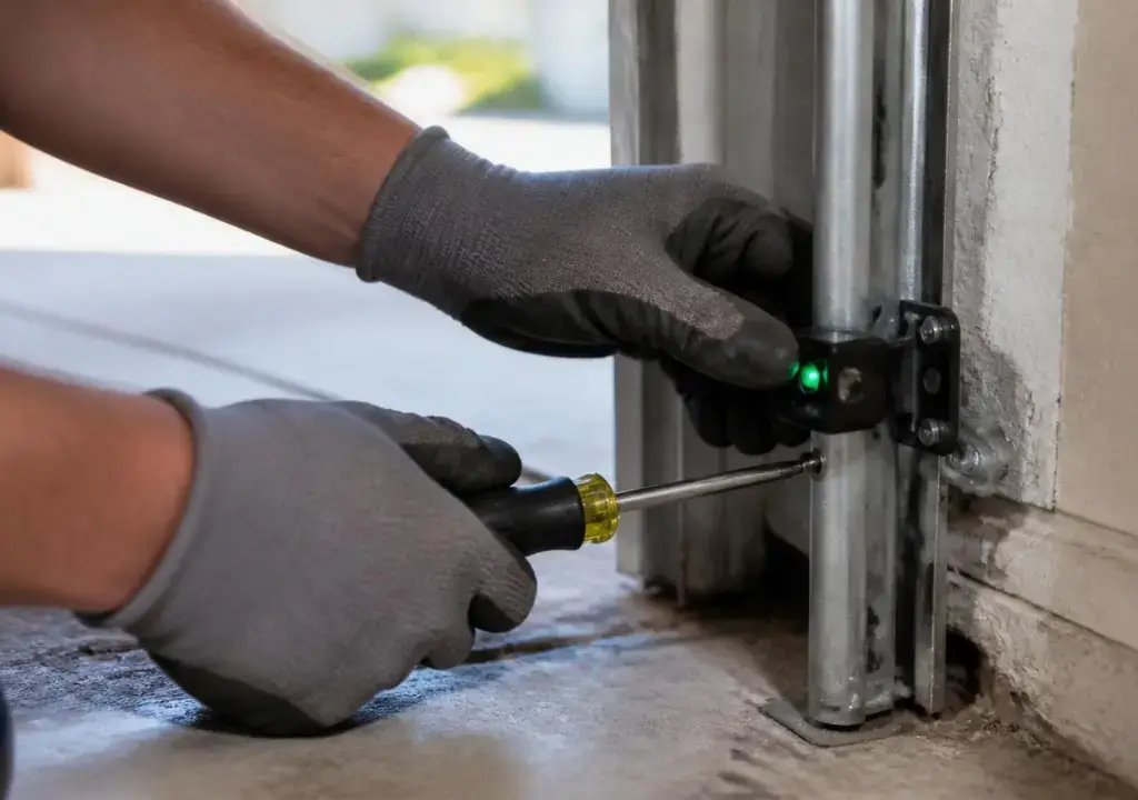 Technician realigning a garage door sensor bracket